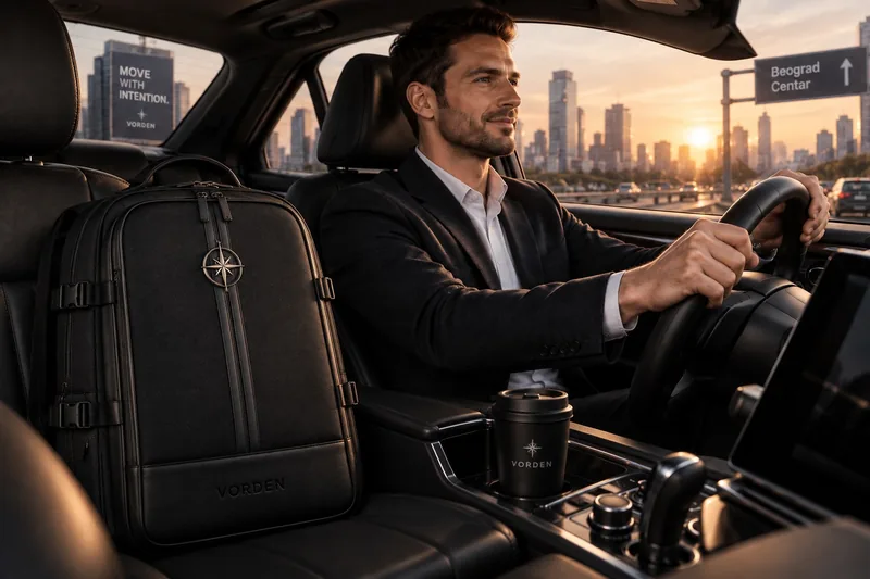 VORDEN backpack on the passenger seat of a car at dusk, city skyline ahead