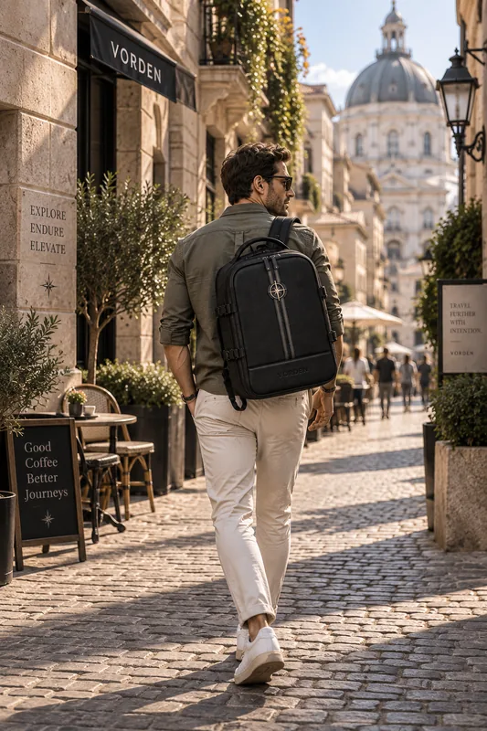 A man wearing a VORDEN backpack on a sunlit European cobblestone street